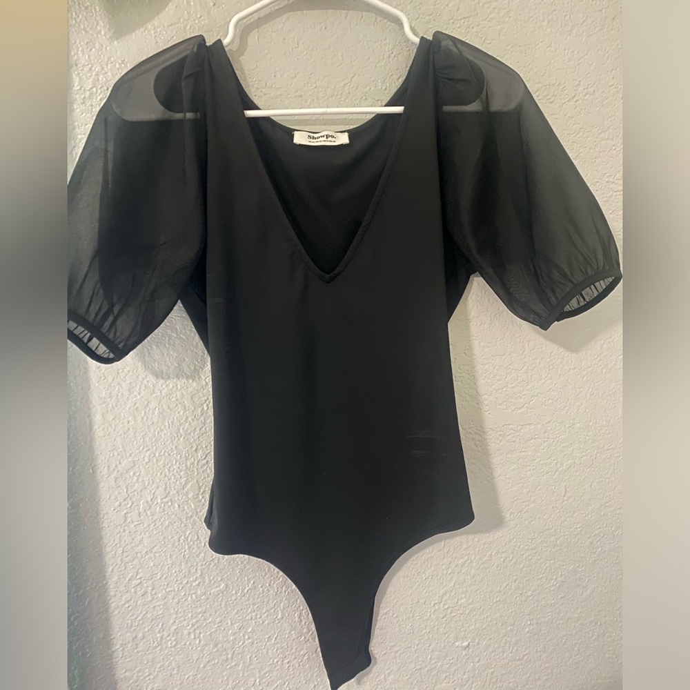 Sheer Puff Sleeve Black Bodysuit